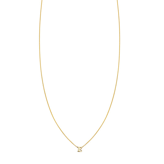 14k gold custom necklace featuring the letter 'E' by Phoenix Roze. Personalized elegance crafted to perfection.