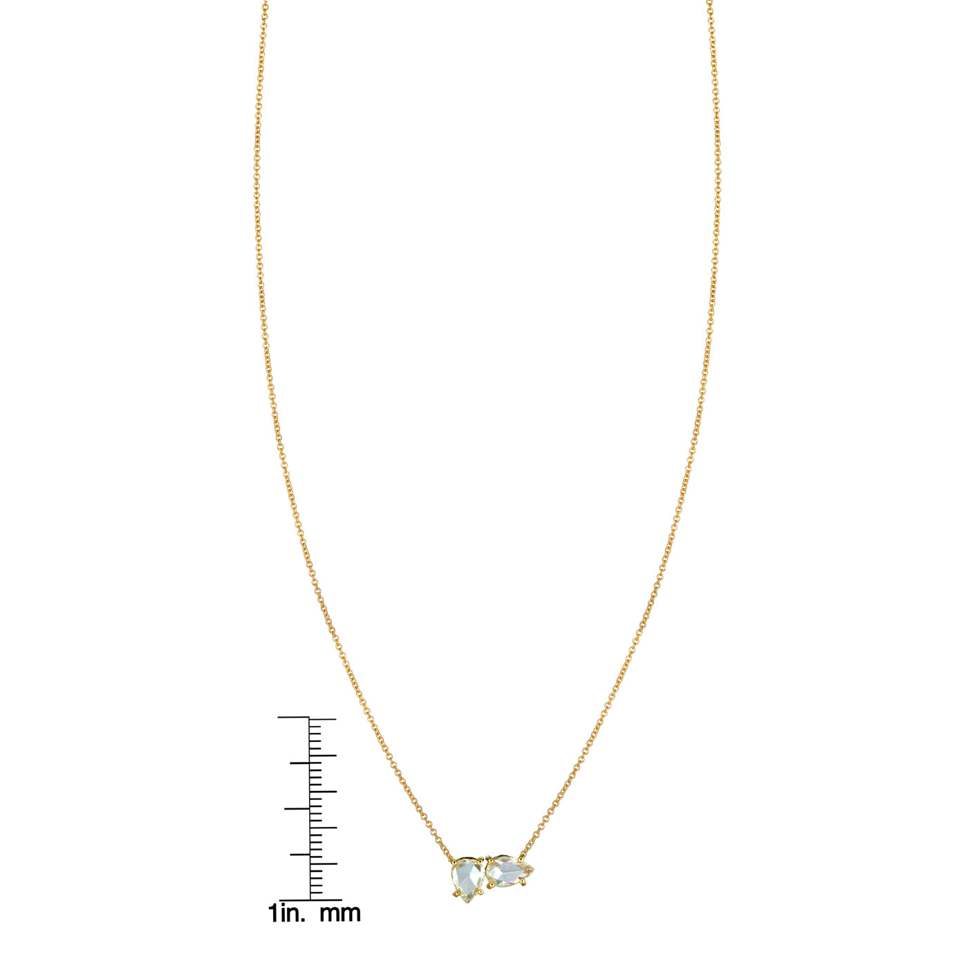 Scale of the East-West North-South Diamond Necklace featuring rose-cut pear-shaped diamonds in 14k gold.