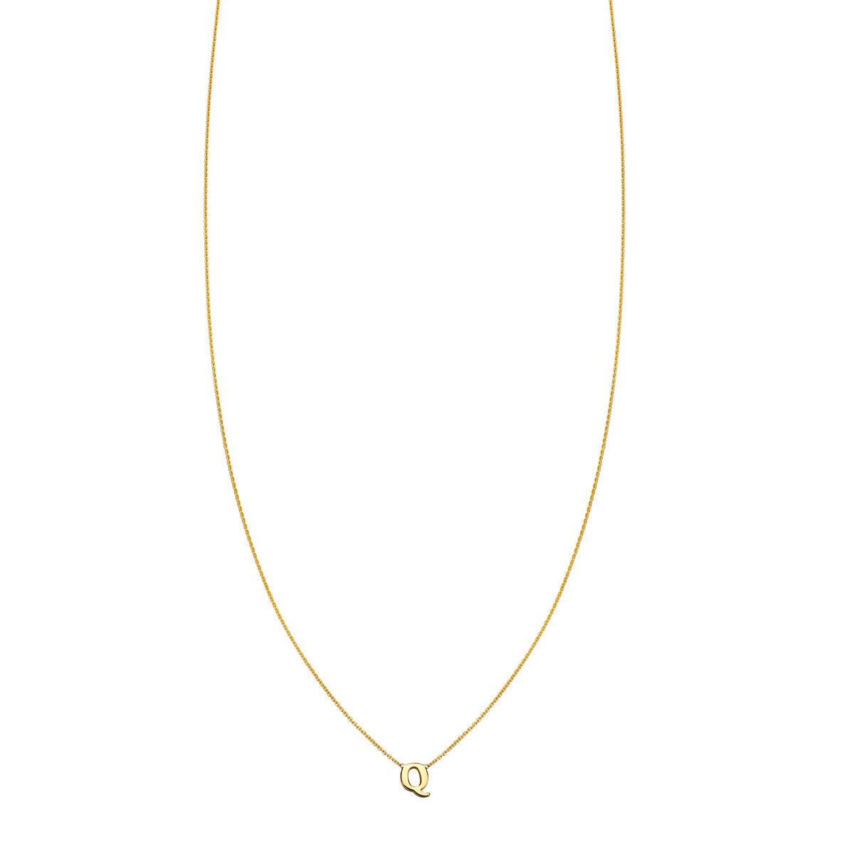 Letter Q - 14k Gold Initial Necklace by Phoenix Roze. Handcrafted in NYC, available in yellow, white, or rose gold. Pendant size: 3/16" x 3/16". Personalized luxury since 2006.